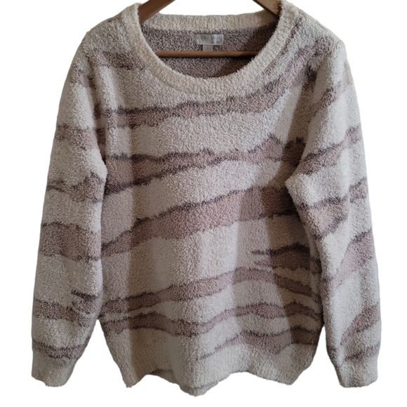 Barefoot Dreams CozyChic Seaside Crew-Neck Pullover Sweater Large Ivory Zebra - Picture 3 of 8